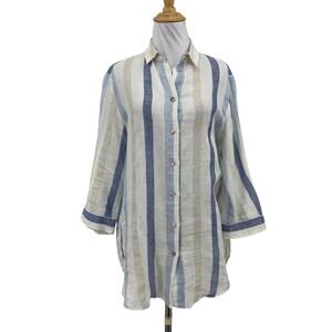 Zanetti Shirt Womens XL Extra Large Multi Linen Button Up Striped Hi Low Hem